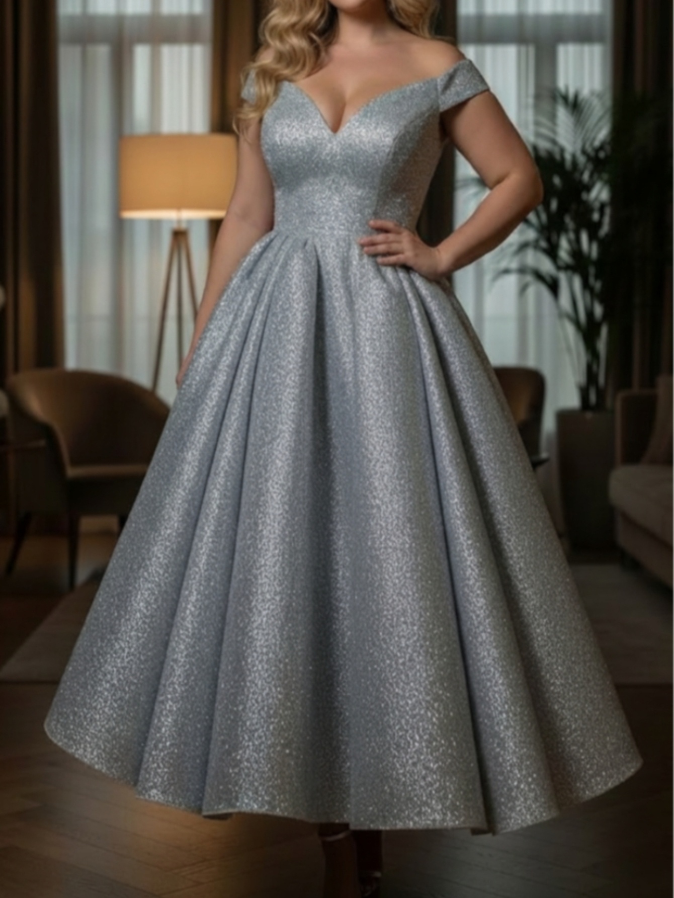 slim fit dress slacks Retro Hollywood Silver Fit and Flare Wedding Dress Yulia Size 16 / Silver main image 1