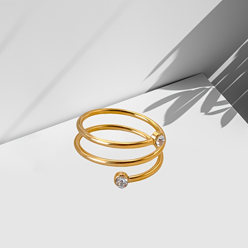 Women's Stainless Steel Coil Spring Ring with Rhinestone Accents