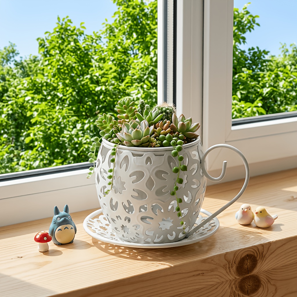 TEMU Vaso da fiori a forma di da t癡 traforato in metallo con sottotazza abbinato, vaso per piante in ferro a forma di da caff癡, mini vaso per piante