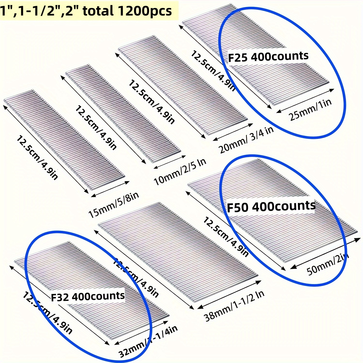 Image of 18 Gauge F Brad Nails 1inch, 1-1/4inch, 2inch, 1200pcs Combination Packing For Home Decoration, Woodworking