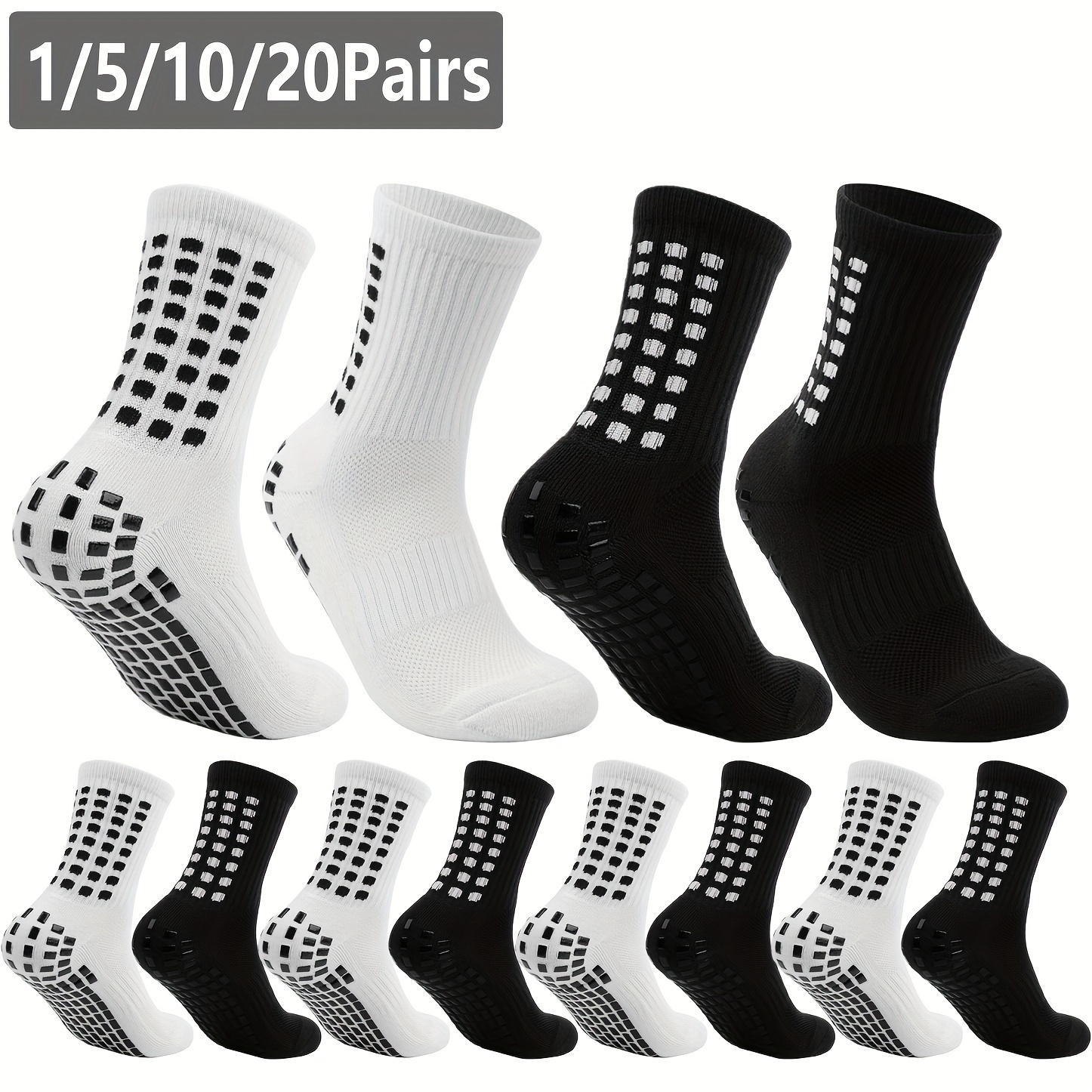 

' Athletic Crew Socks - 1/5/10/20 Pairs, Anti-slip Grip For Football, Basketball, Cycling & Running, Breathable Polyester , Machine Washable