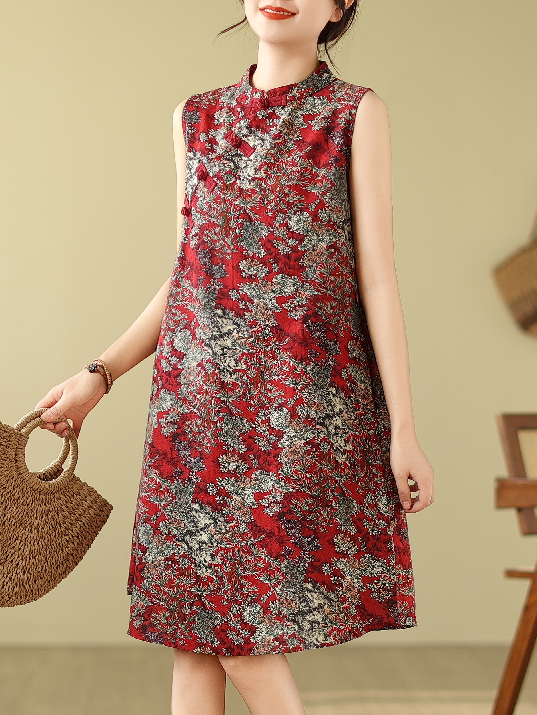 women's retro chinese cheongsam dress with cherry print - a-line stand  collar, asymmetrical hem, machine washable non-stretch fabric for spring  summer fall, asian-inspired casual & formal wear, chinese dress |  High-quality &
