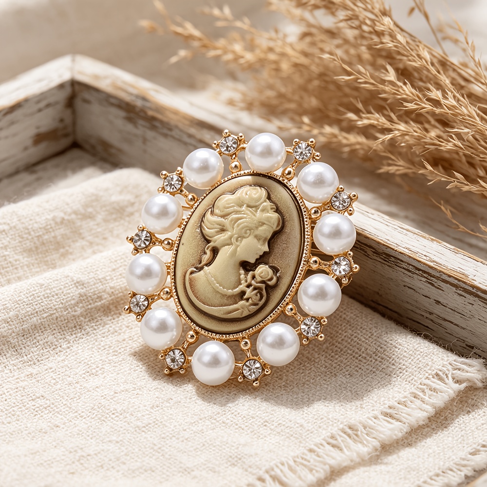 TEMU Broche de busto en relieve estilo vintage, diseño elegante de dama, exterior de perlas de redondas y brillantes diamantes de , unisex, adecuado