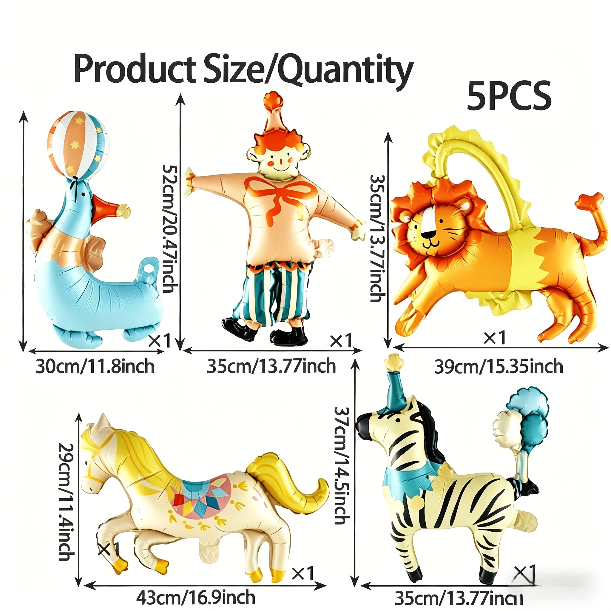TEMU 5pcs. 17-inch Circus-themed Party Balloon Set, Featuring Cartoon Animal Balloons Such As , , Sea , And Carousel, Suitable For Circus Decoration,