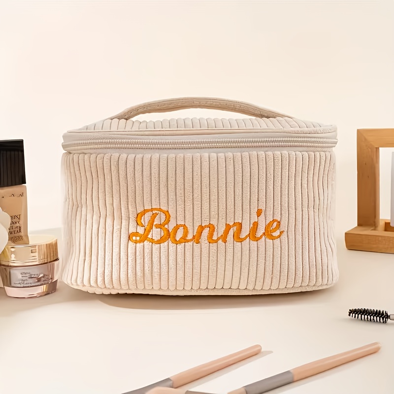 TEMU 1pc Custom Embroidered Name Corduroy Makeup Bag - Handbag, Large Capacity Portable Travel Cosmetic Pouch, With Zipper Closure, Lightweight