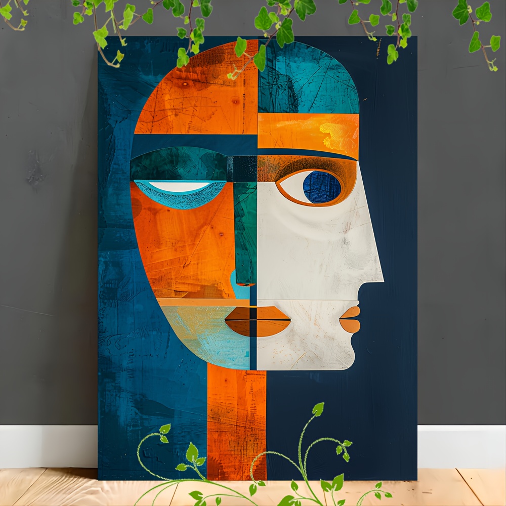 

1pc Wooden Framed Canvas Painting Abstract Faces, Geometric Shapes, Blue Background, Orange And Green Colors, Minimalist, Framed Art