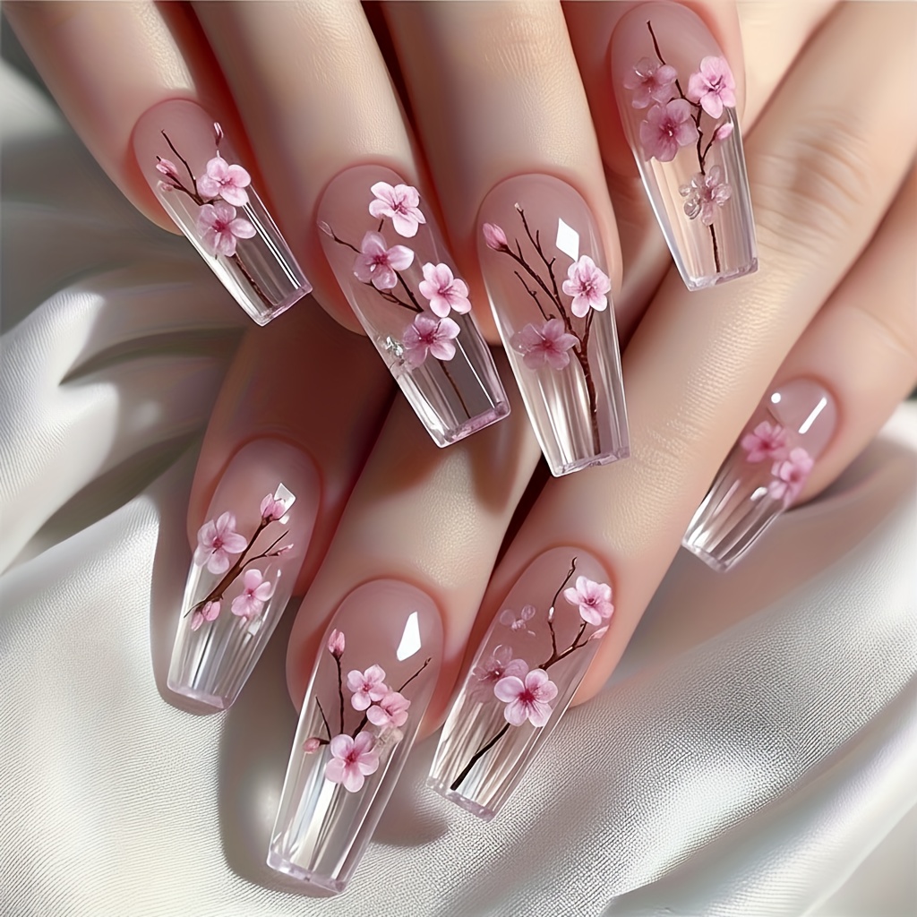 TEMU 24pcs New Ballet Nail With Chinese Plum Wearable Nail With 2d Flower Nail Art, For Ladies And Only