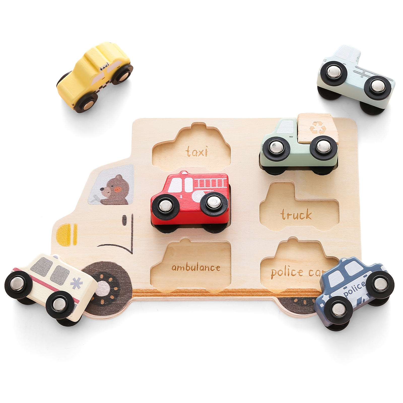 Image of Cartoon Fun Small Car Shaped Wooden Material Shape Matching Toy, English Word Recognition Puzzle Toy, Early Education Toy, Christmas Halloween Birthday Gift