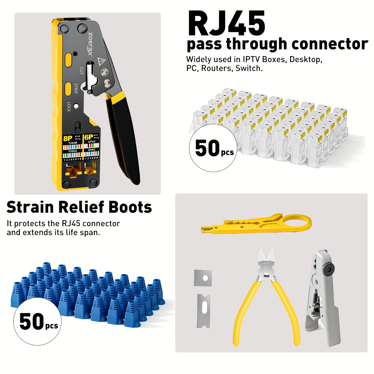 Ethernet Crimping Tool Kit, The Kits Rj45 Crimping Tool With A Set Of Replacement , Wire Cutter, Mini Cable Stripper, 50 Cat6 Pass Through Connectors And 50pcs Relief Sleeves