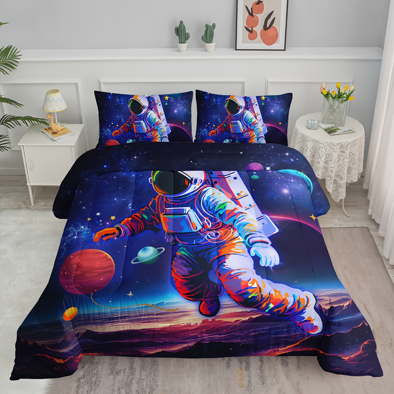 

3pcs Astronaut Comforter Set, Space Bedding Set Twin, Outer Space Astronaut Comforter Set, Galaxy Astronaut Space Bedding, Galaxy Comforter Set Plants, 1 Quilt 2 Pillowcases