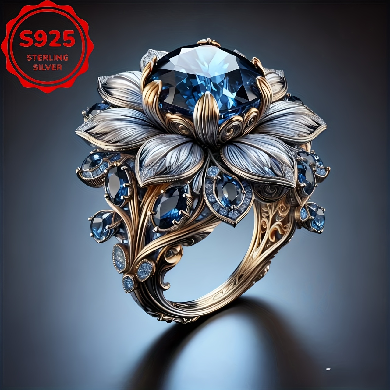 TEMU Bague de luxe S925 argent avec lotus bleu océan , ensemble doré rétro sculpté et bleue, parfaite pour , fiançailles, anniversaires, la