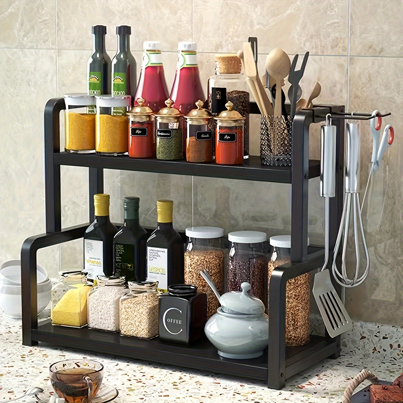1pc stainless steel kitchen organizer rack multi tier countertop spice holder with hooks for keys whisks space saving design for kitchen storage spice jars and seasoning bottles kitchen organizers and storage Product details 2