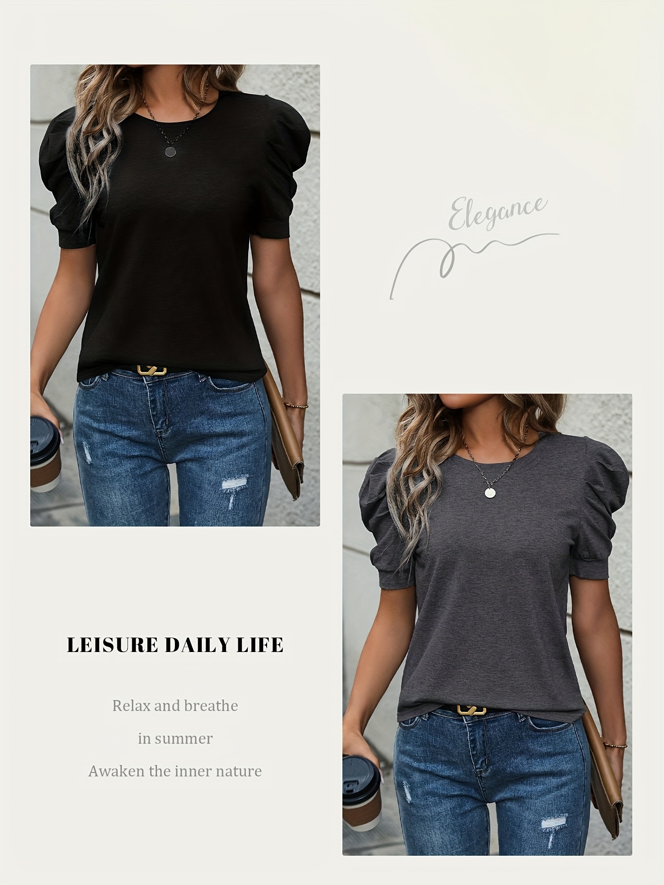 Elegant Gray Crew Neck Short Sleeve Top for Women - Soft Polyester Blend, Casual & Comfortable Fit, Perfect for Casual Attire, Casual Casual Attire|Elegant Crew Neck|Smooth Texture Fabric