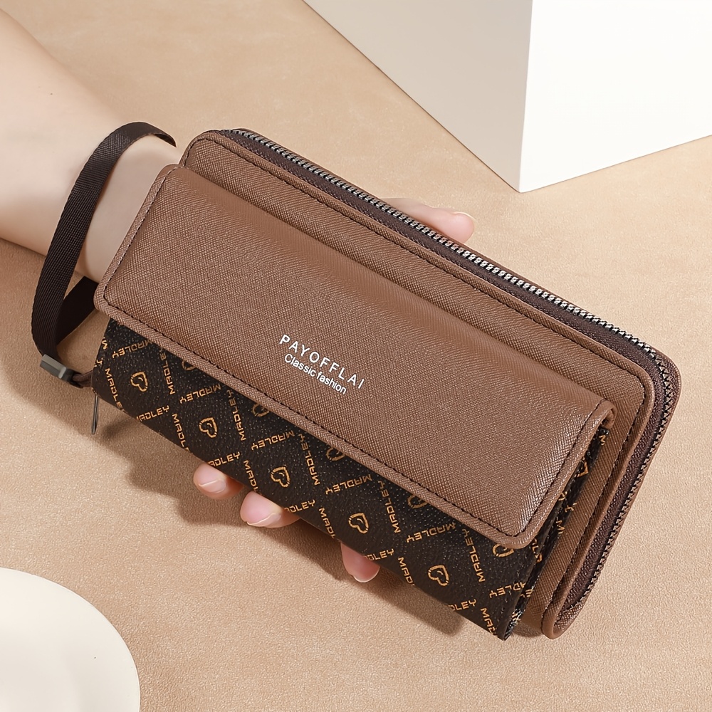 TEMU Classic Pu Women's Wallet - Double-layer Design With Snap Closure, Zipper Card Case, And Photo Compartment, Unisex Long Wallet With Contrast