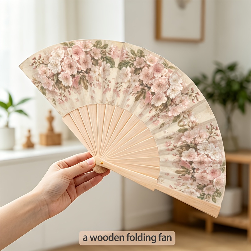TEMU [23cm Wooden Folding Fan] 1pc Retro Pink White Floral Print Lightweight Wooden Folding Fan, Outdoor Essential Item, Portable Cooling Device For
