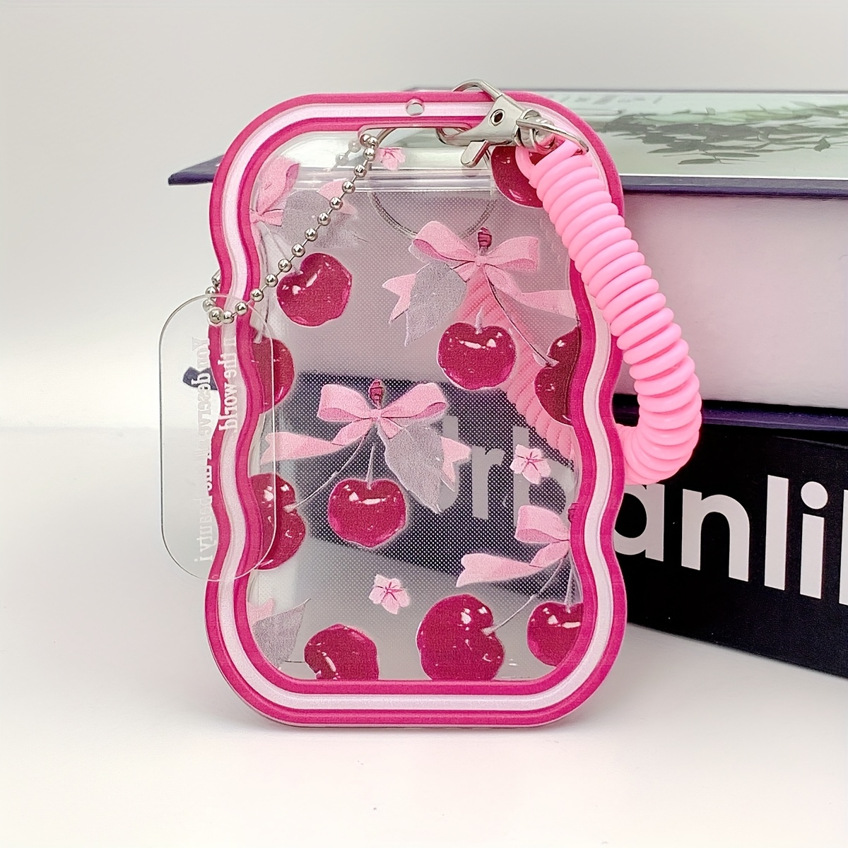 E-shop 2D Robuste TPU Kartenhülle mit Schiebeabdeckung - Entzückendes Schlüsselanhänger-Design - Funkelndes Kirschmotiv, Fähig, ID-Karten, Kreditkarten