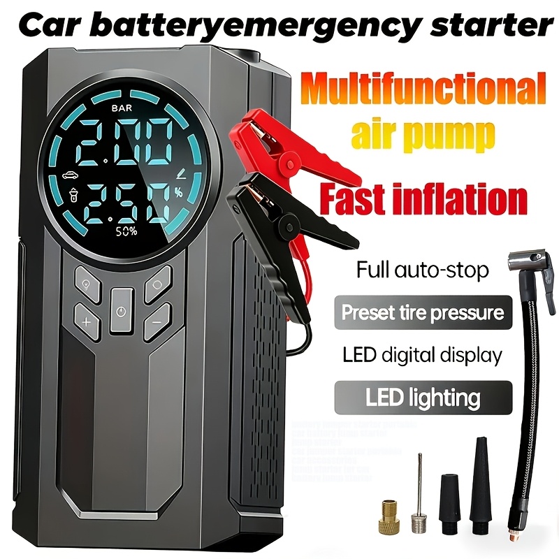 TEMU Heavy-duty Car Battery Jump Starter | 180psi Digital Tire Compressor, Multi-functional Car Emergency Jump Starter Kit, Current 8000a, 12v Jump