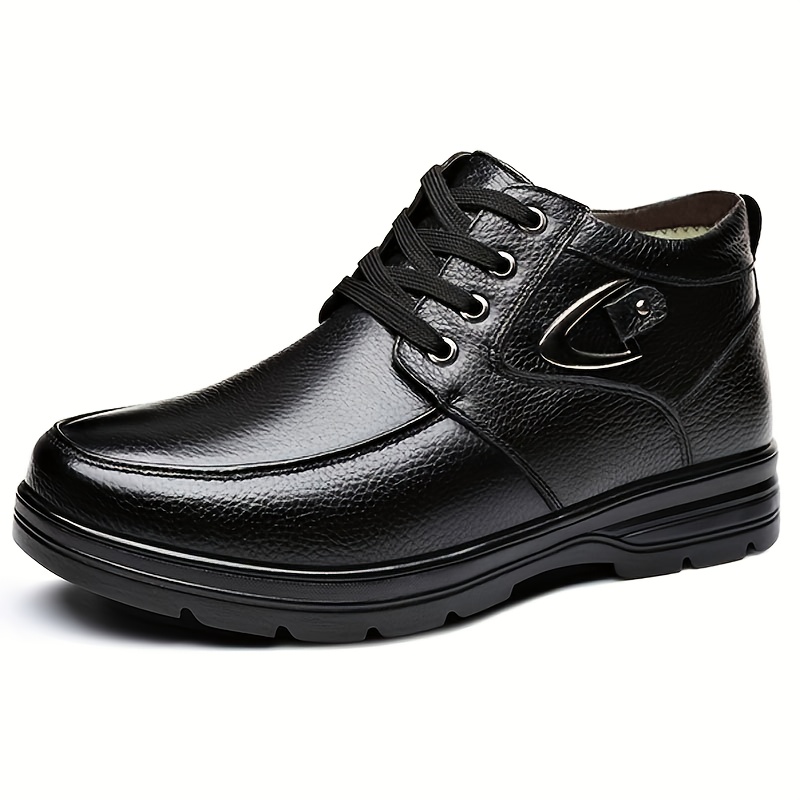 Image of Men's High- Plush-lined Genuine Leather Casual Snow Boots, Plus Size, Soft Sole, Soft Surface, Wear-resistant, Anti-slip