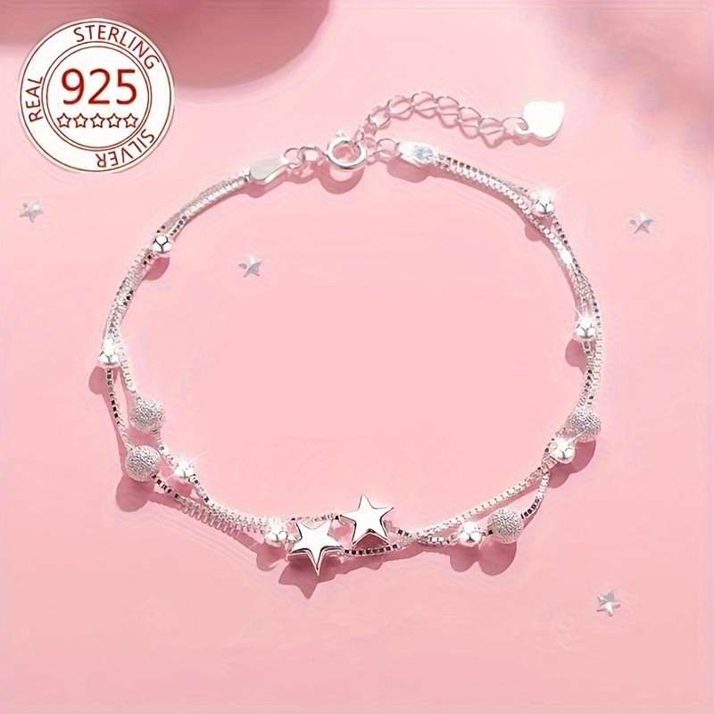 

925 Sterling Silver Hypoallergenic Double-layer Bracelet With Frosted Round Bead Bell And Design - And Elegant, Perfect Accessory For Girls' Holiday Gifts 3.6g/0.127oz