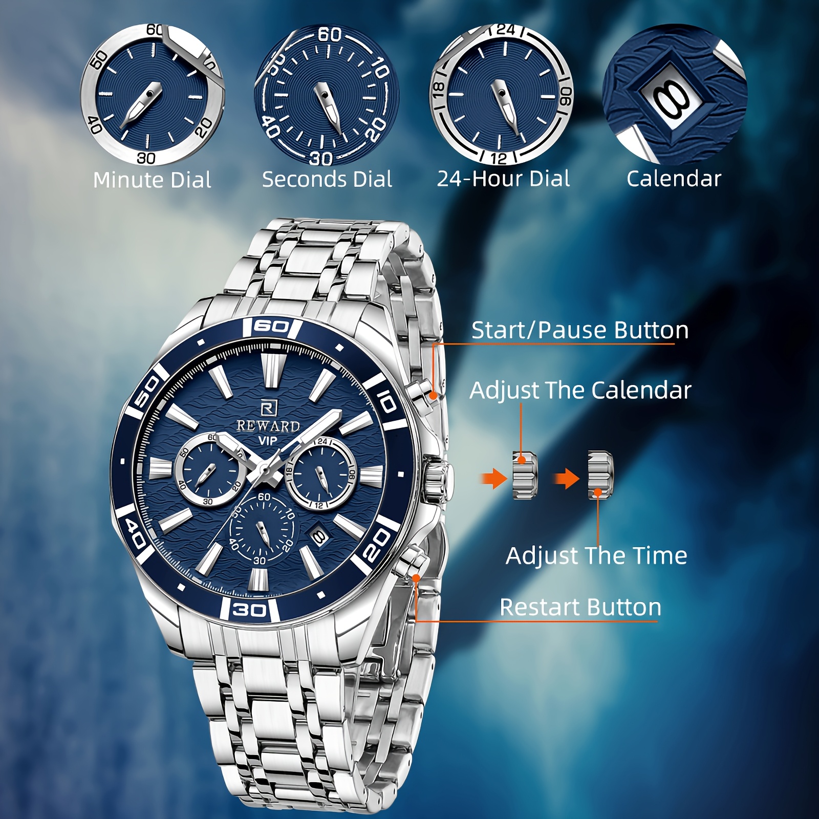 reward vip mens quartz wristwatch   with sequins round   alloy case stainless steel strap chronograph date 24 hours display luminous battery powered non rechargeable   watch details 2