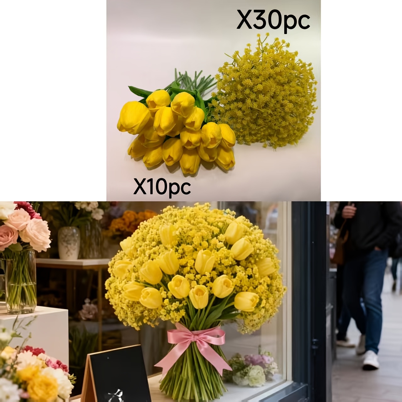 Image of 40pcs Elegant 10pcs Yellow Tulip + 30 Gypsophila Combination Artificial Flowers - Pu Plastic, Perfect For Valentine's Day, Thanksgiving, , Wedding Bouquets, Home Decor, Office And Party Decorations
