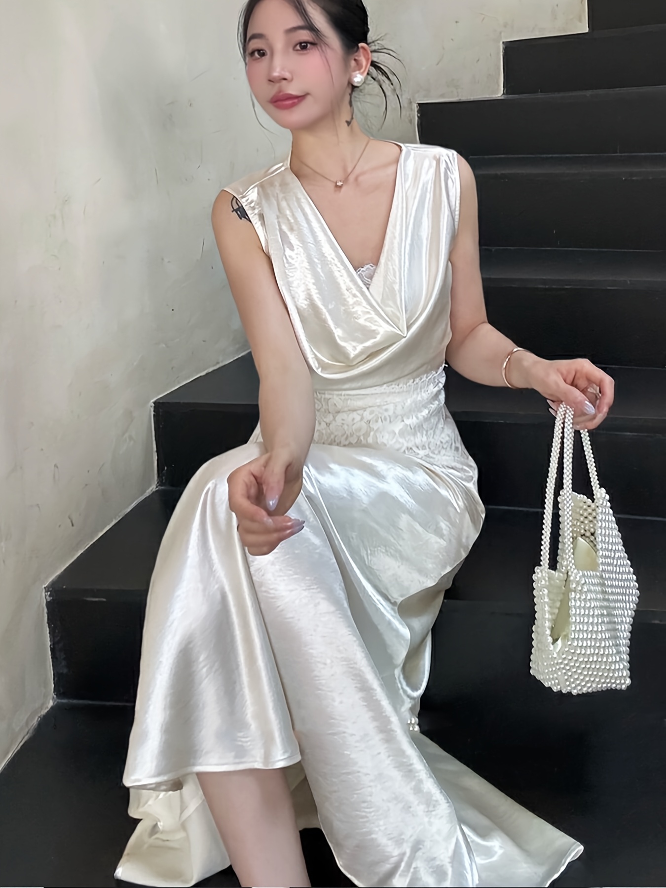 high end elegant chic two piece set dress contrast lace top Temu