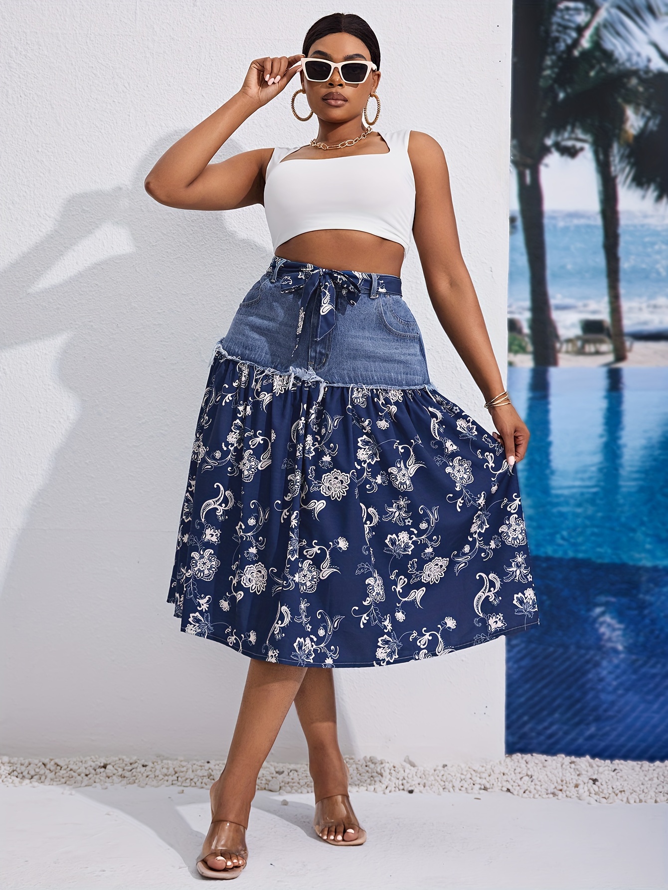 Women'S Bohemian Floral Print Chiffon Skirt with Denim Overlay  High-Waisted, Flowy *-Length Skirt for Spring/Summer/Fall Casual or  Stylish Outfits