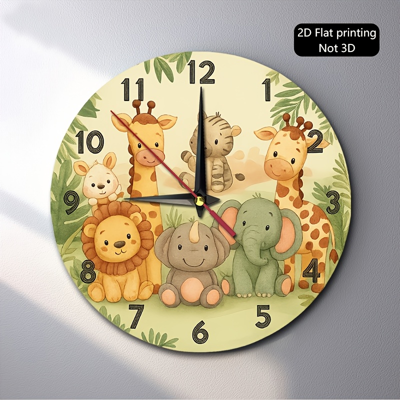 TEMU 1pc Clock With Giraffe Lion Zebra Elephant Design - Round Decor, Artificial Wood & Frame Suitable For Living Room, Bedroom,, Office - Modern