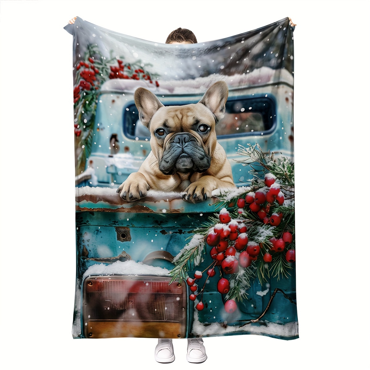 

Couverture Douillette Bouledogue Français Et Baies Rouges - Décoration Hivernale de Noël, Flanelle Douce, Lavable En Machine, Confort Toutes Saisons