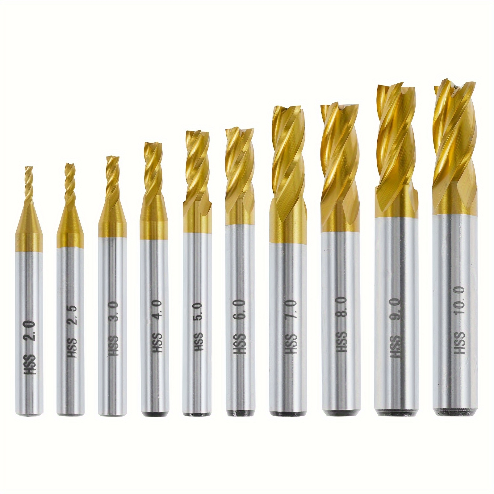 

10pcs 4-flute Titanium Coat End Mill Bits High Speed Steel Straight Shank Drill Bits Cutter Sturdy Milling Drill Bit Spiral Router Bit For Wood Steel Stainless Steel