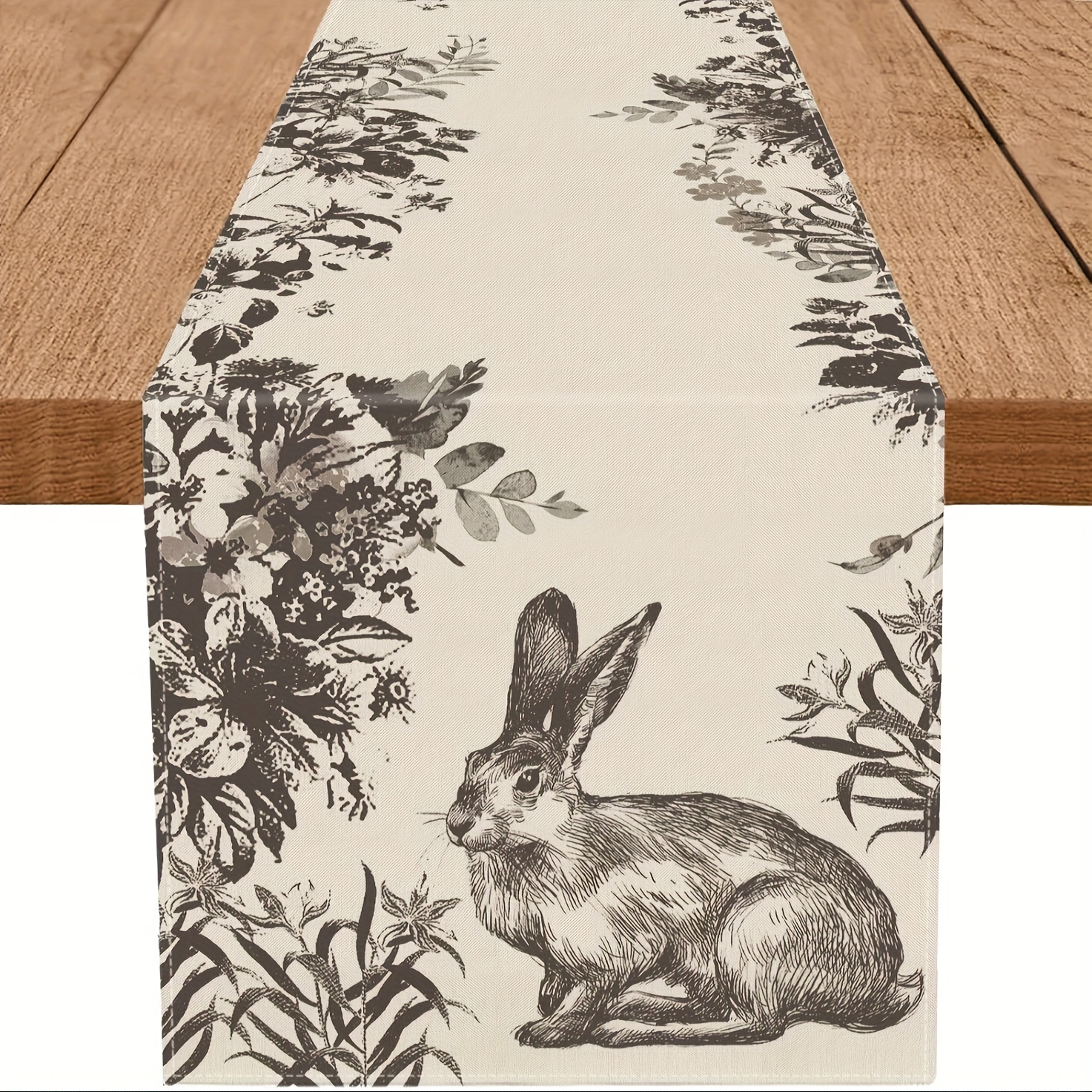 

1pc Vintage Easter Bunny & Floral Linen Table Runner - Rustic Farmhouse Decor For Spring Holiday Dining, In 13x36, 13x48, 13x72, 13x108 Inches - Indoor & Outdoor , Rabbit Decor