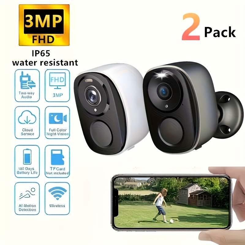 2 Pack (White + Black) Security Camera Wireless Outdoor, FHD 3MP Night Vision with Spotlight, Wire-Free 4000Mah Battery Powered, Human Detection, PIR Human Detection, 2-Way Talk, SD Card/Cloud Storage Three Days of Free Cloud Storage