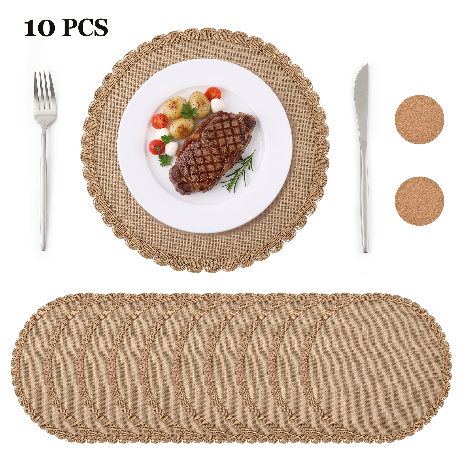 TEMU 10 Pack Jute Burlap Placemats Suitable For Wedding, Party, Dining Table Decor - Round Scalloped Lace Border Table Mats, Rustic Farmhouse Jute