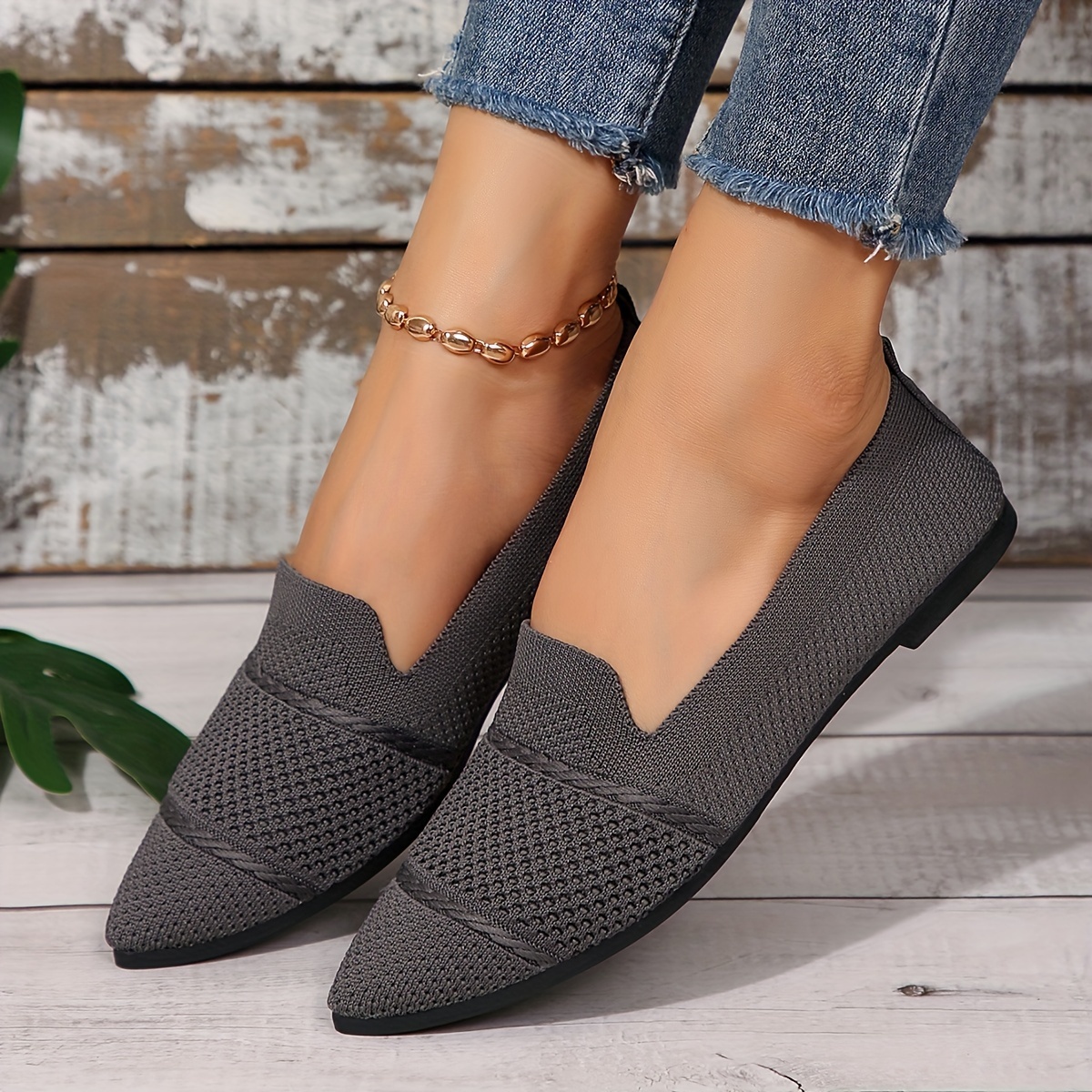 Elegant Ballet Flat Shoes For Women, Slip-On Breathable Soft Sole Daily Knitted Ballets, Point Toe Daily Wear