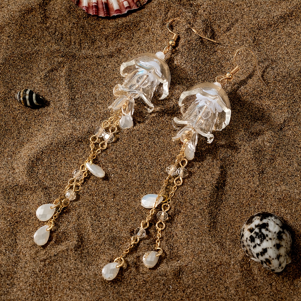 TEMU 1 Pair Elegant Style Acrylic Alloy Transparent Jellyfish Tassel Pendant Earrings For Women, Suitable For Daily Commute, Vacation, Music Festival