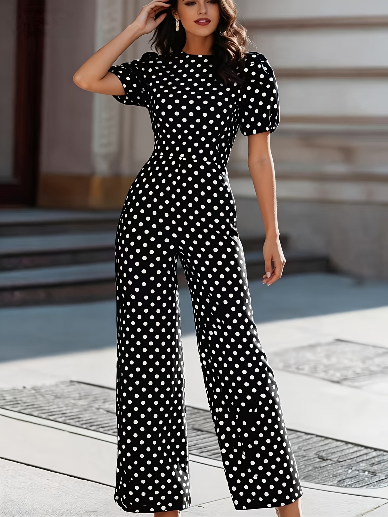 womens summer short sleeved polka dot elastic jumpsuit polka dot puff sleeve   wide leg jumpsuit