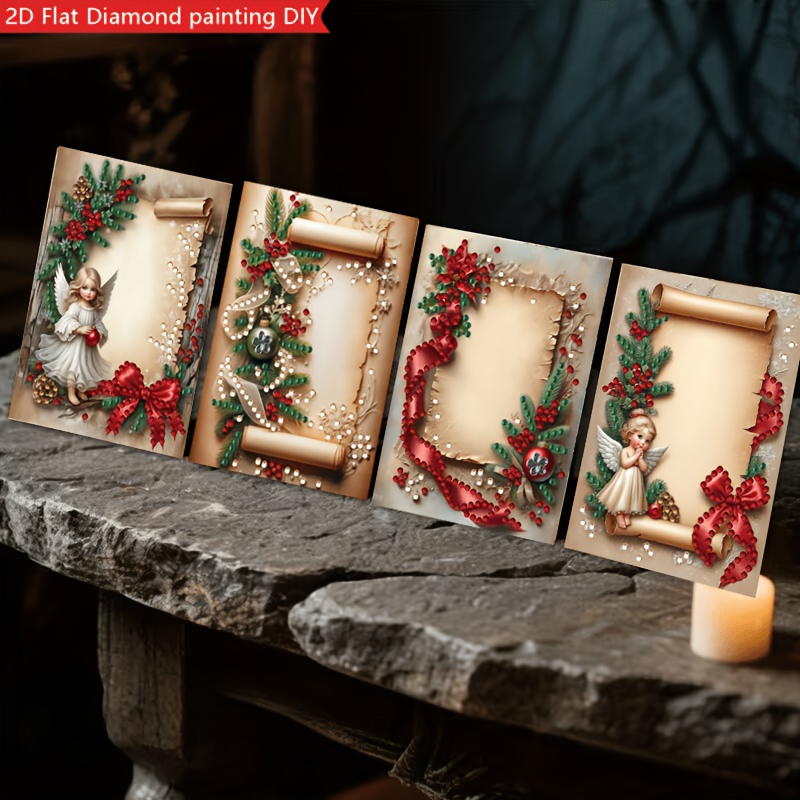 TEMU Popular New Arrival 6pcs Set 2d Vintage Distressed Lambskin Scroll Christmas Irregular-shaped Diamond Painting Greeting Card Kit, Complete Diy