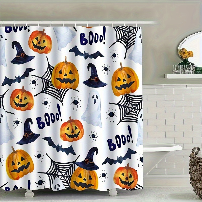 

Shower Curtain With Pumpkin And Patterns - Polyester Knit Fabric, Water-resistant, Machine Washable, Includes 12 Hooks For Bathroom Decoration And Bathtub Privacy