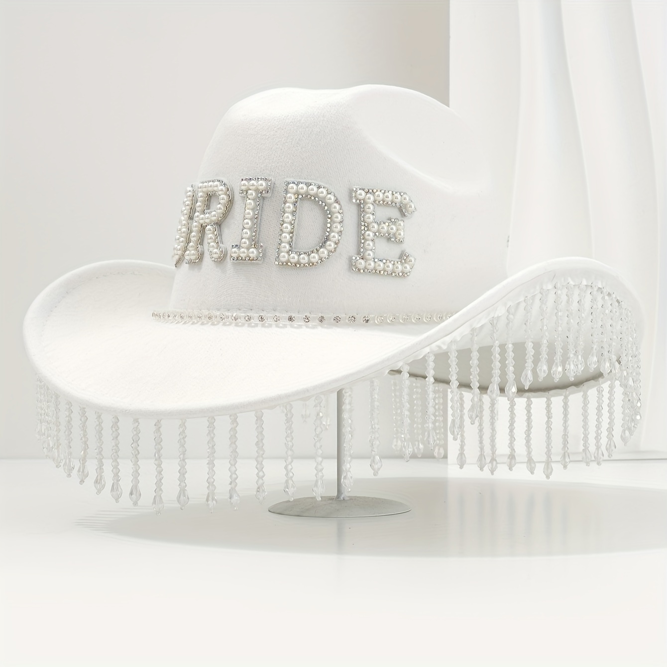 E-shop 1 Stück Weibliches Weißes Cowboyhut mit Kristallbesatz, Strassverziertes "BRIDE"-Band, Polyester Inelastisches Leichtes Gewebtes Cowboykappe für