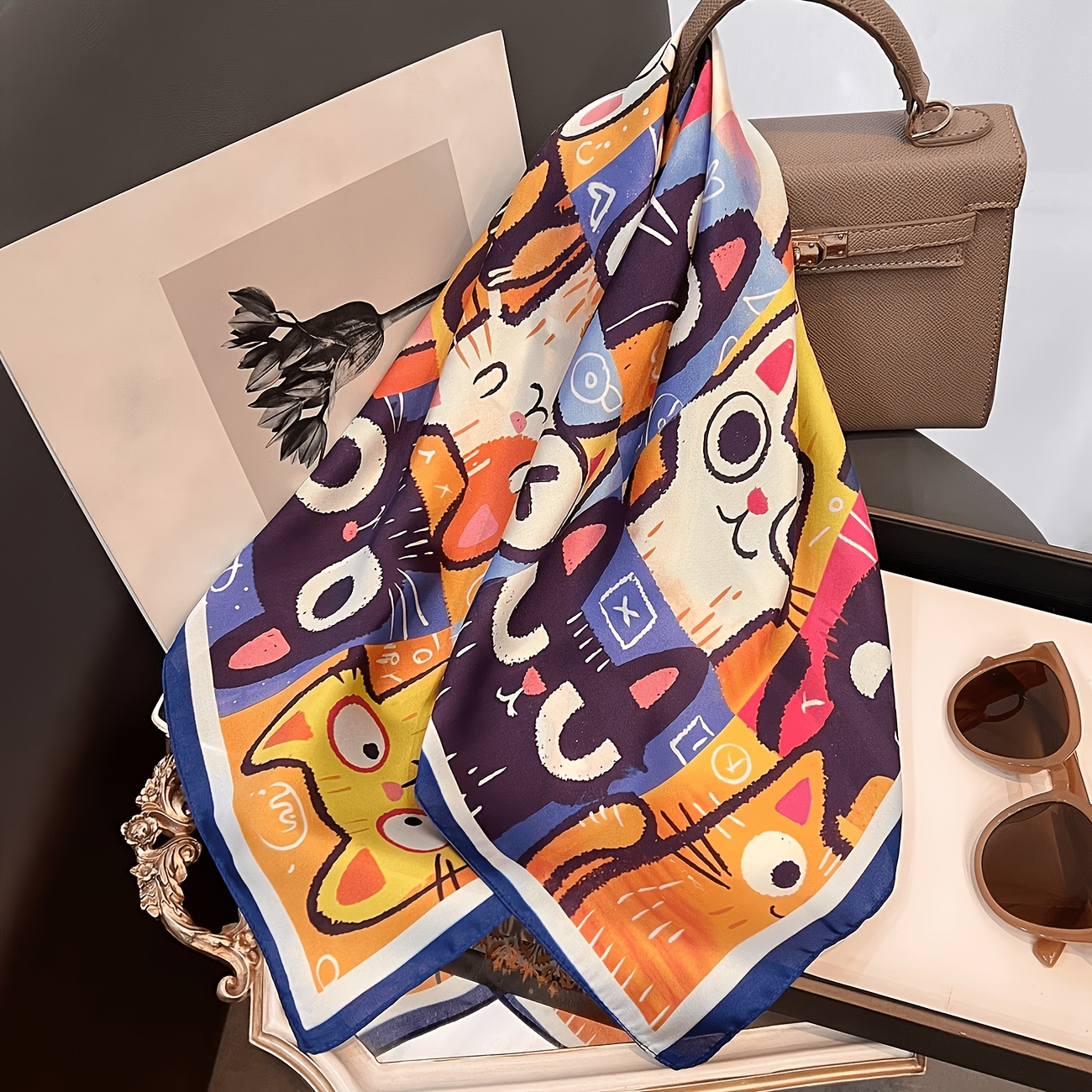 TEMU 1pc Cute Cat 70*70cm Women' Scarf, Neck Scarf, Headscarf, Shawl, , , Y Smooth Fabric, Versatile For Outfits, Worn For And Leisure, Perfect For