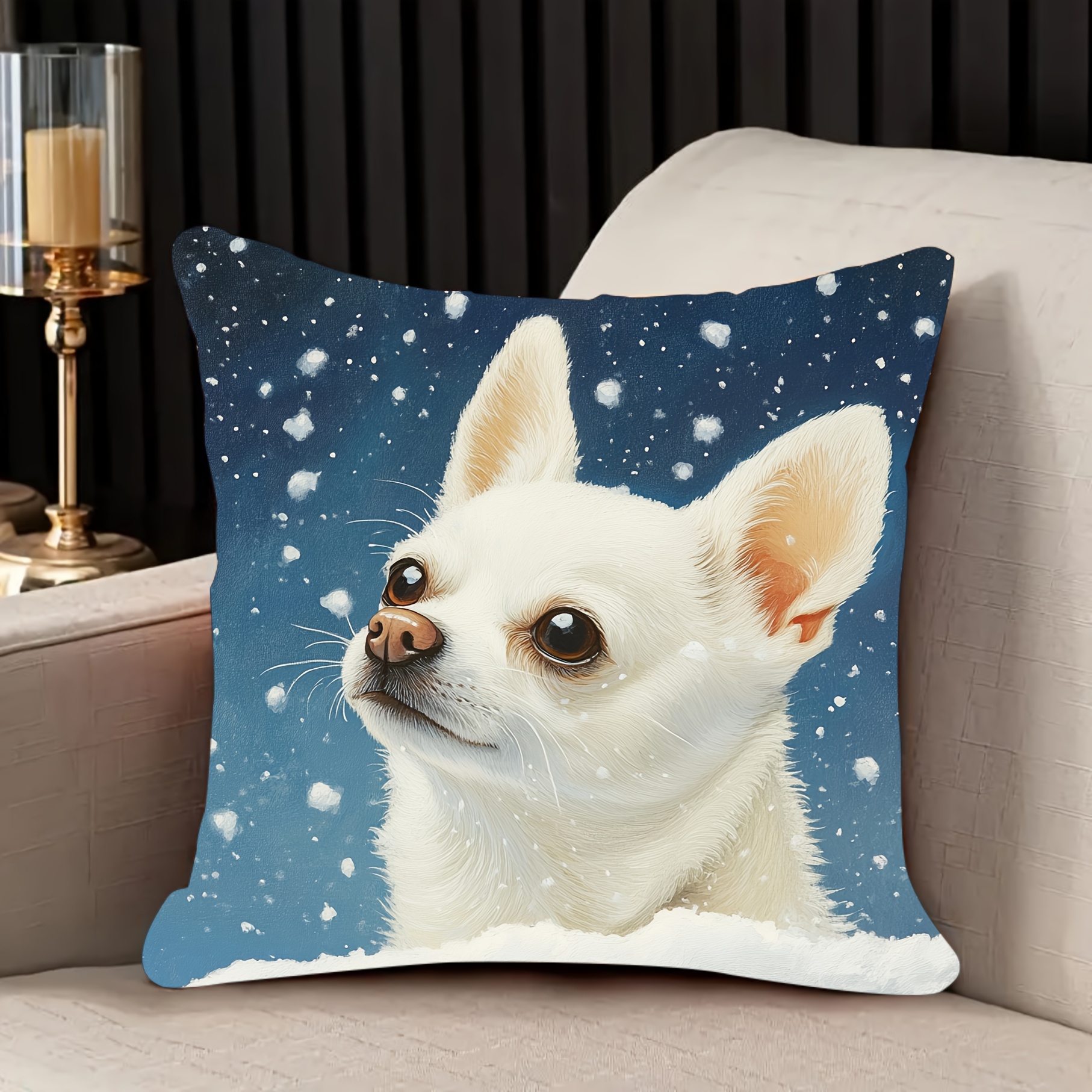 

1pc Vintage Chihuahua In Snow Throw Pillow Cover, 18x18 Inch, Hand Wash Only, Geometric-pattern, Polyester Short Plush, Zipper Closure, Woven, For Room Sofa Bedroom Decor - Without Pillow