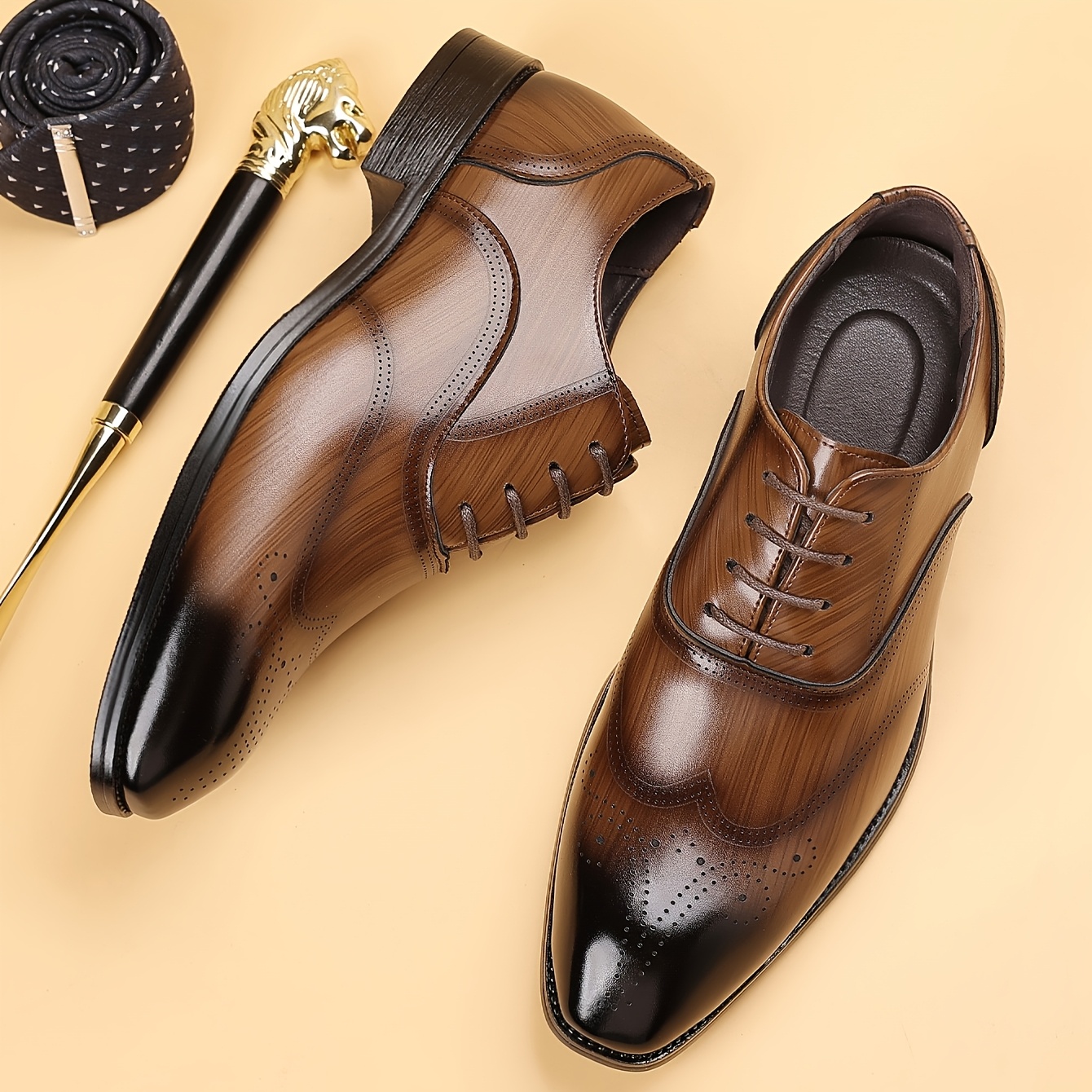 Men's Dress Shoes Formal Business Wingtip Oxfords - Upper & Rubber Sole Low-Top Lace-Up Wedding, Office & -Casual Shoes with Wingtip - - Wearable for Year-Round Use Suitable for Weddings, Meetings, Daily & Special Events