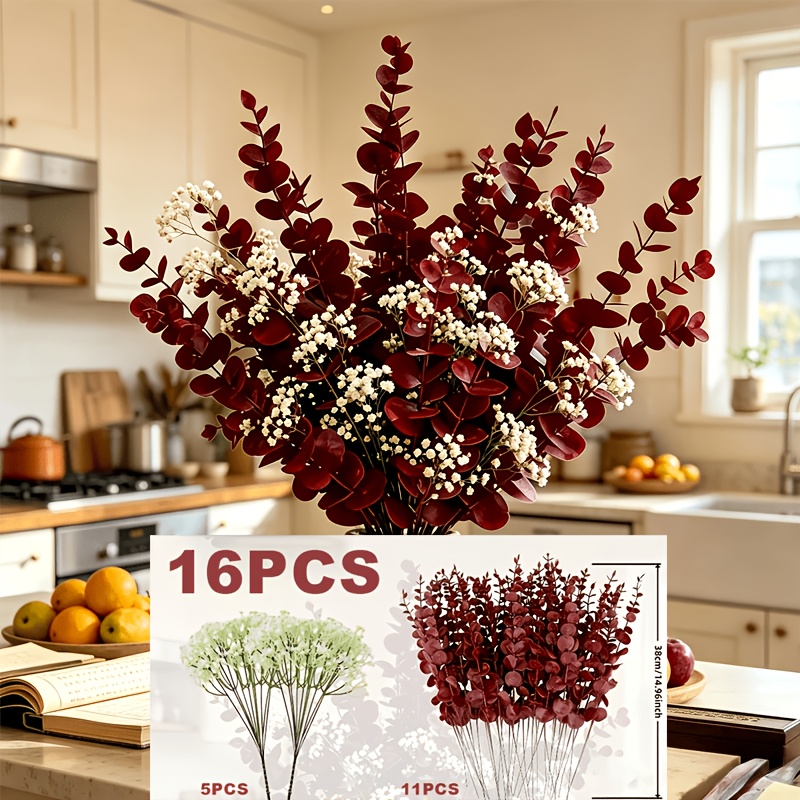 TEMU 16pcs Branches d'Eucalyptus Artificielles Feuilles Fleurs en Vrac Faux Eucalyptus Gypsophila Géranium Fleurs Centres de Table Bouquet de Mariage
