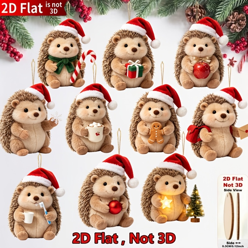 TEMU 2d Flat 10pcs Hedgehog Wooden Christmas Ornaments, Classic Holiday Element Printed Shapes, For Christmas And New Year Decor And Gifts, Suitable