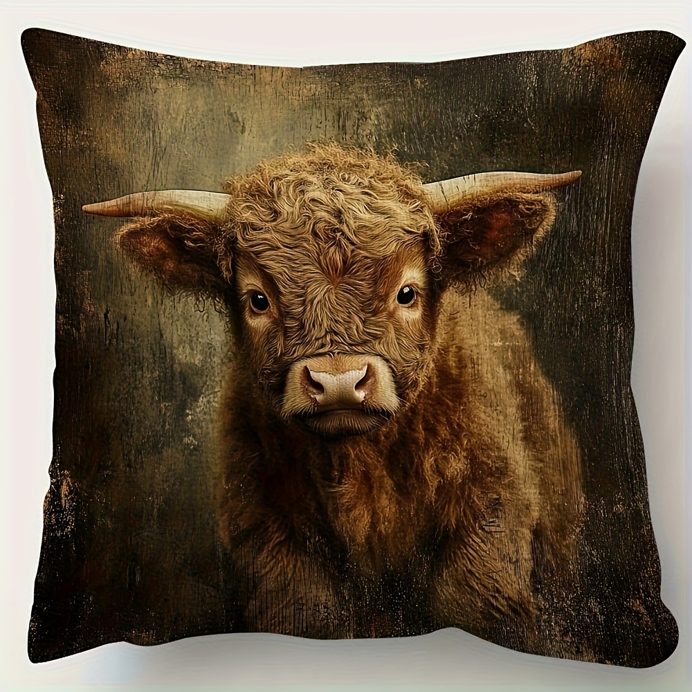 TEMU A Vintage Scottish Highland Cow Plush Pillow Cover, Featuring A Zipper Closure, Single-sided Print, Measuring 18x18 Inches, Made Of Short Plush
