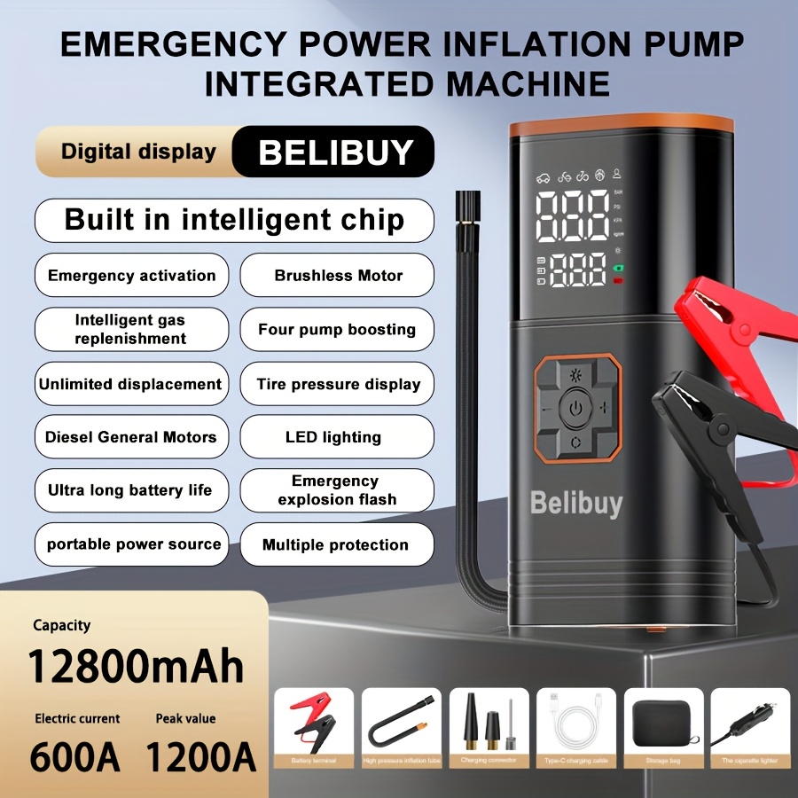 E-shop 8000mAh/10000mAh/12800mAh Starthilfe Power Pack, 6000A Autobatterie Booster 12V Starthilfe mit 150PSI Reifenfüller, tragbarer Luftkompressor mit