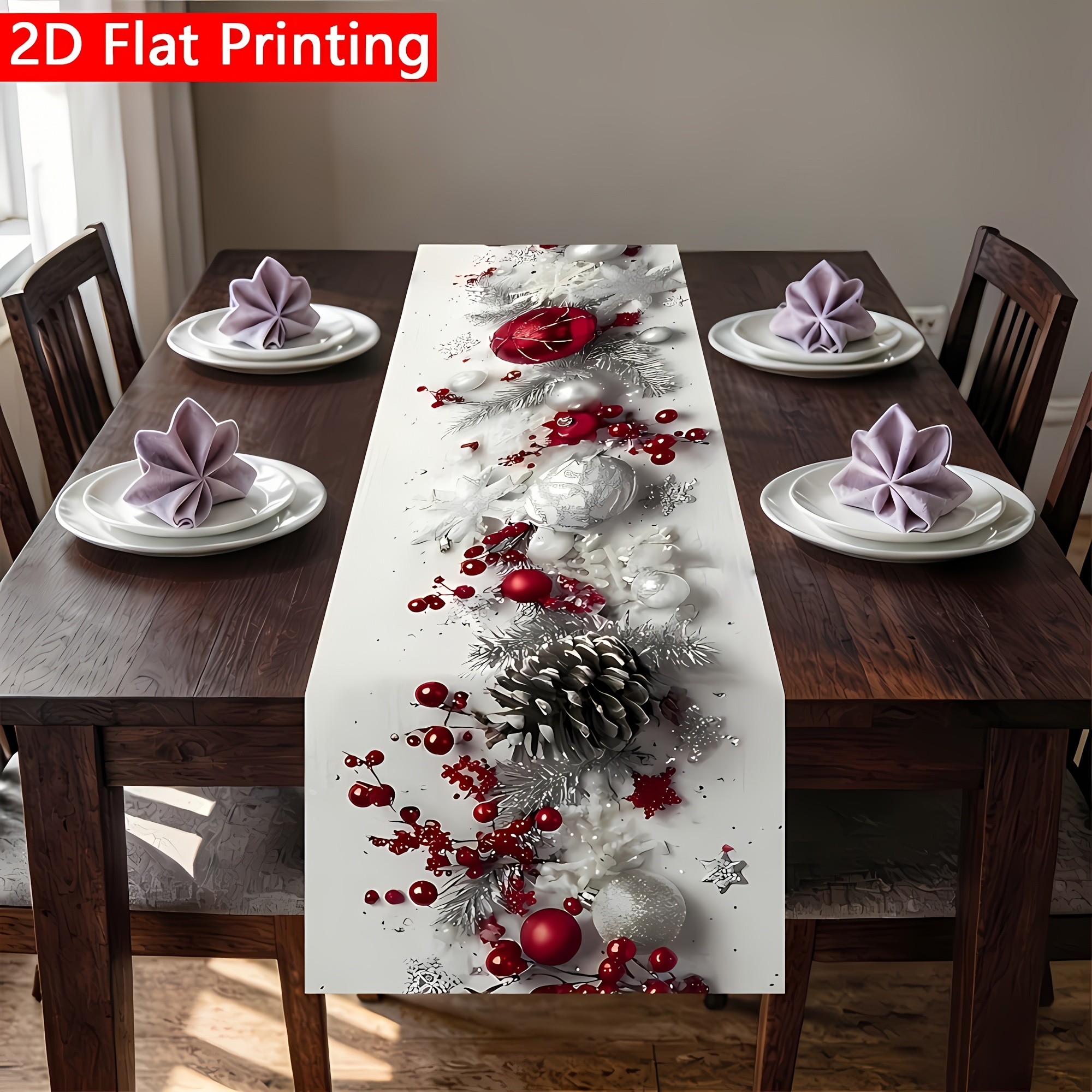 TEMU 1pc 2d Flat Light Christmas Rectangular Printed Table Runner, White Background With Vertical Arrangement Of Fir Branches And Leaves, Red And