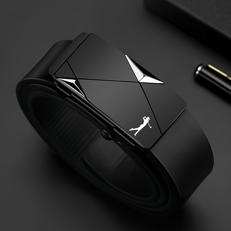 TEMU Men's Black Golf Embossed Logo Belt, Stylish Alloy Automatic Design, Using Laser Technology, Wear-resistant And Durable, Exquisite , Versatile ,