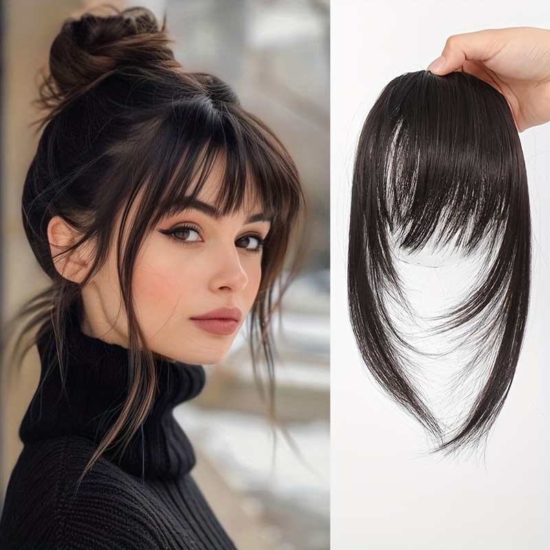 TEMU Women's Elegant Straight Synthetic Hair Extensions With Layered Bangs & Side- Bangs - Natural-looking Hairpiece For Versatile Styling, , , Stylish Hairpiece, Secure Clip Attachment
