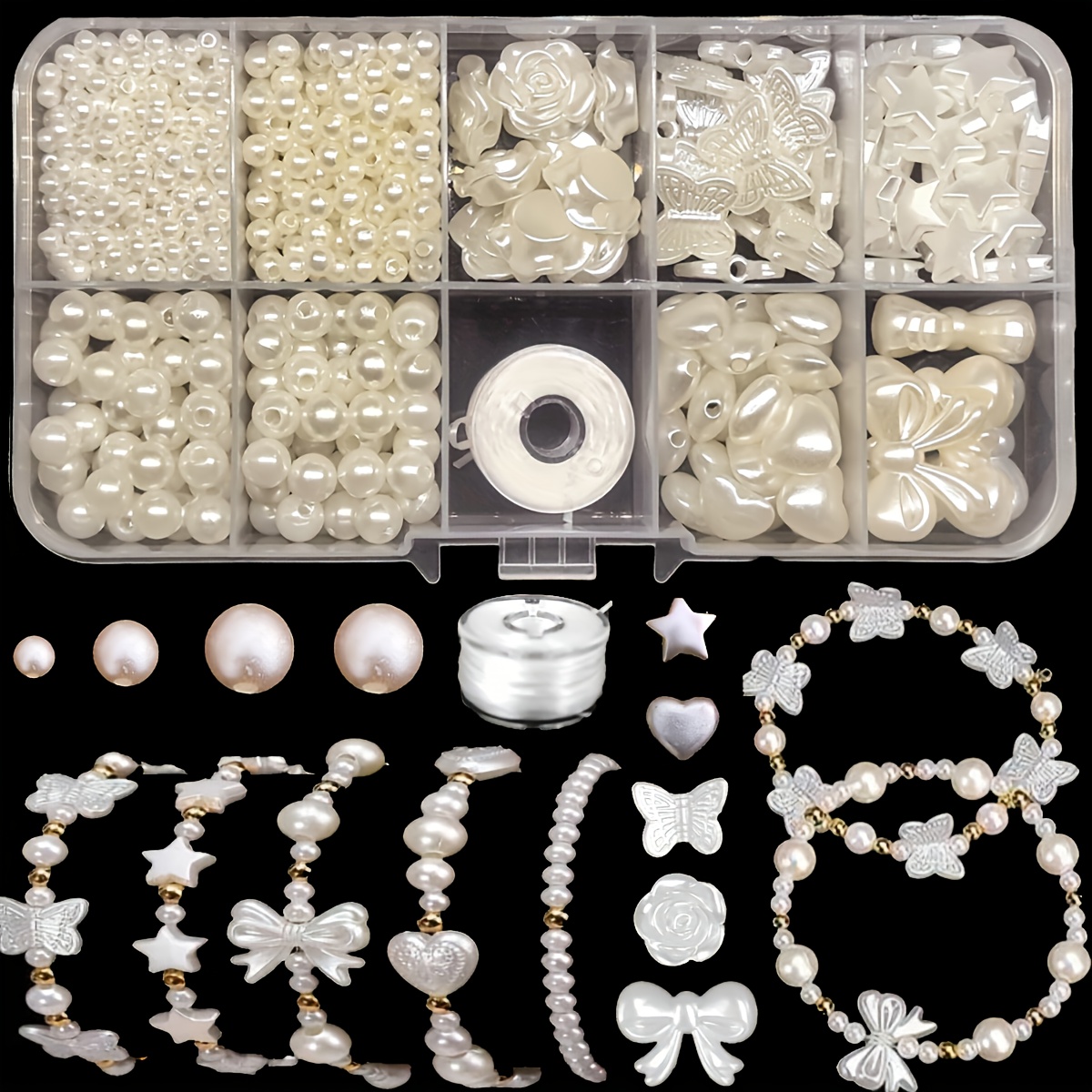 E-shop DIY Schmuckherstellungsset mit Abstandsperlen, goldenen Buchstaben-Herzperlen, weißen Rundperlen, Muschelperlen, Armband- Ohrringbeschlägen,